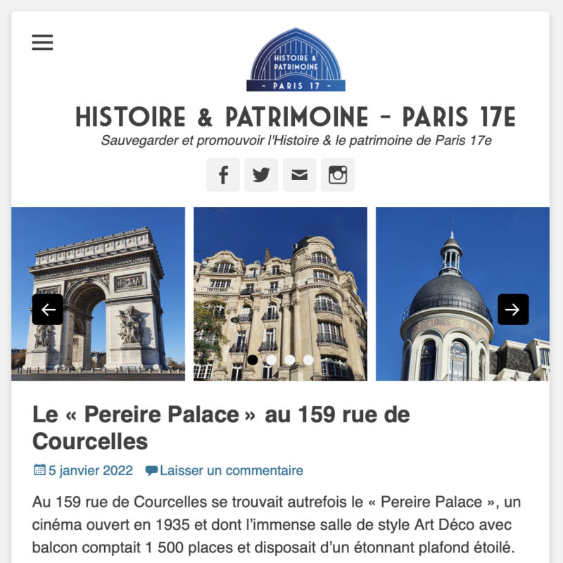 page d'accueil du site de l'association histoire et patrimoine paris 17ème